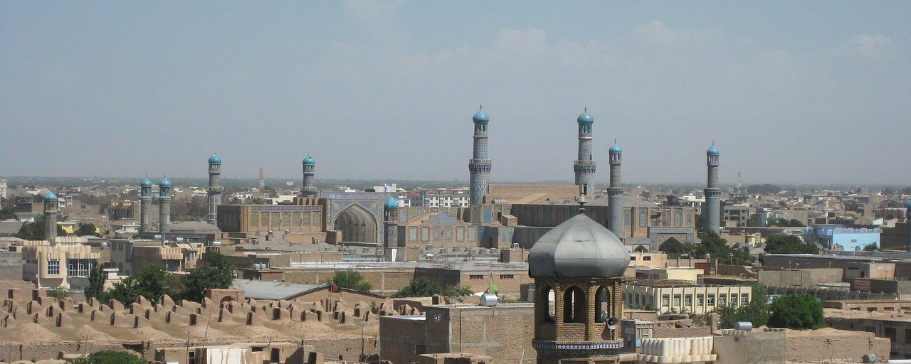 Mosque minarets above the rooftops of Herat, Afghanistan