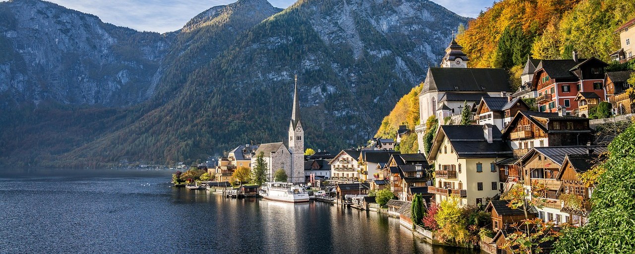 Hallstatt village beside its alpine lake in Austria