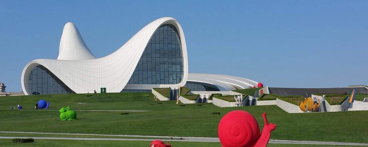 Heydar Aliyev Center and sculpture gardens in Baku, Azerbaijan