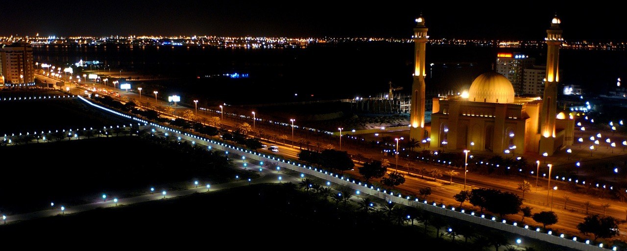 Al Fateh Grand Mosque illuminated at night in Manama, Bahrain