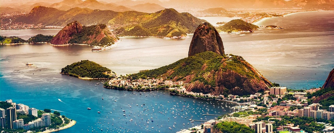Sugarloaf Mountain and Guanabara Bay in Rio de Janeiro, Brazil.