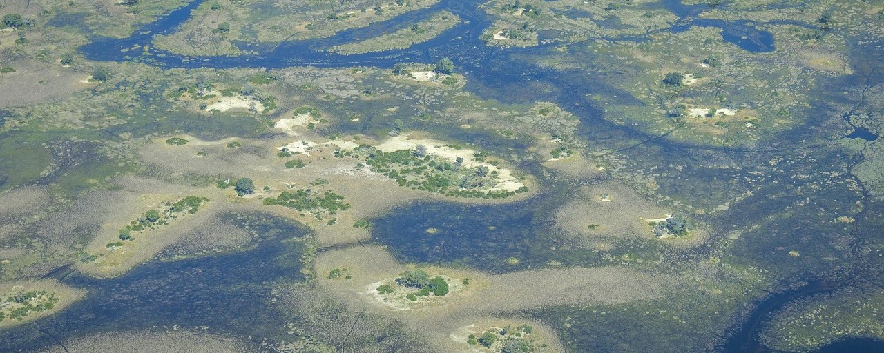 Aerial view of winding waterways and islands in the Okavango Delta, Botswana.