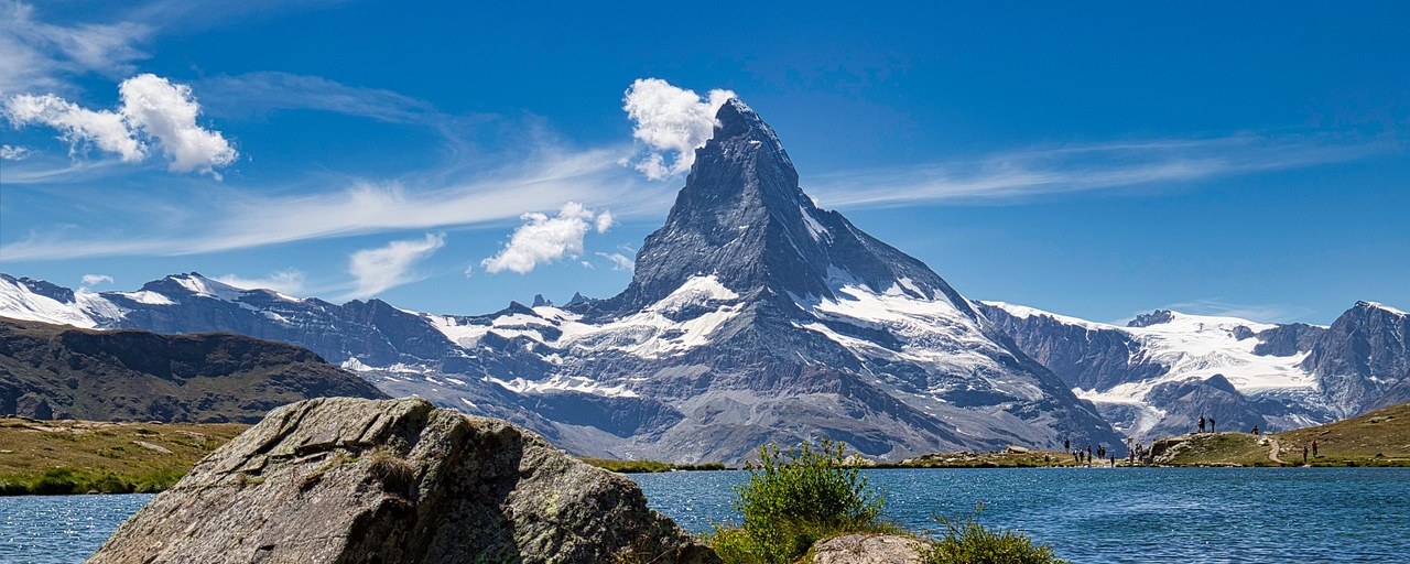 The Matterhorn above an alpine lake near Zermatt, Switzerland.