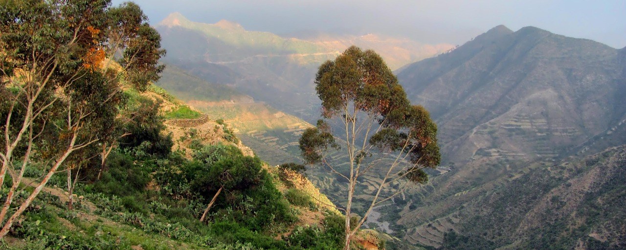 Mountain valleys and terraced slopes in the highlands of Eritrea