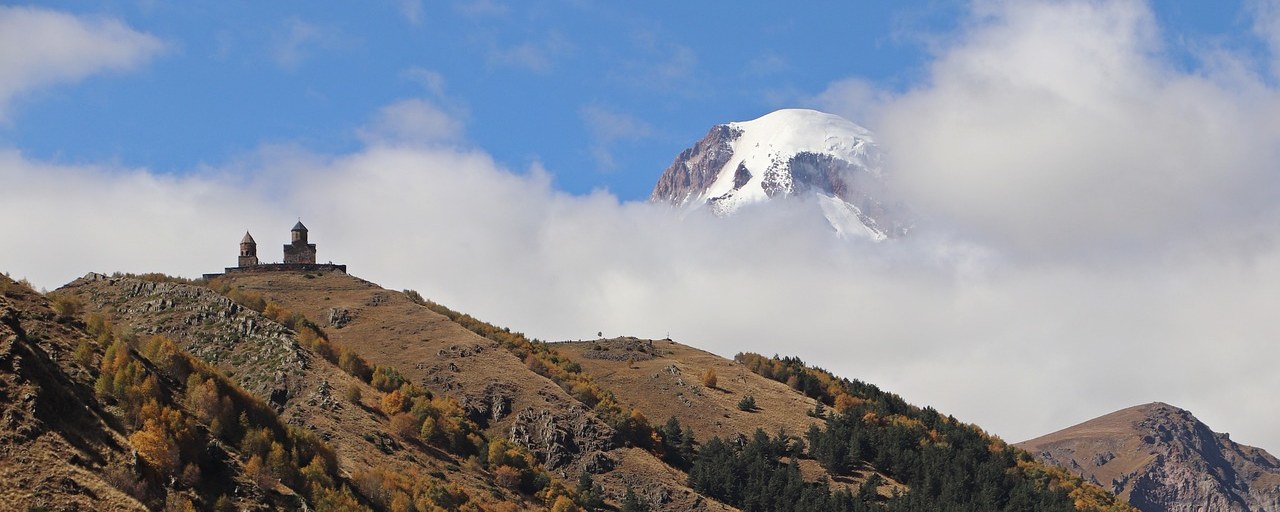Gergeti Trinity Church beneath Mount Kazbek in Georgia
