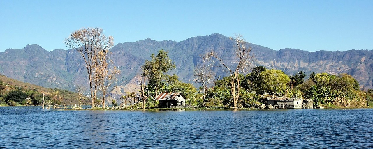 Lake Atitlán shoreline and mountains in Guatemala