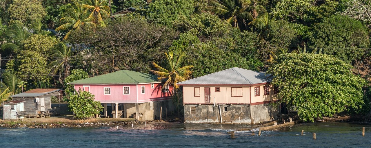 Colorful waterfront houses on Roatán, Honduras