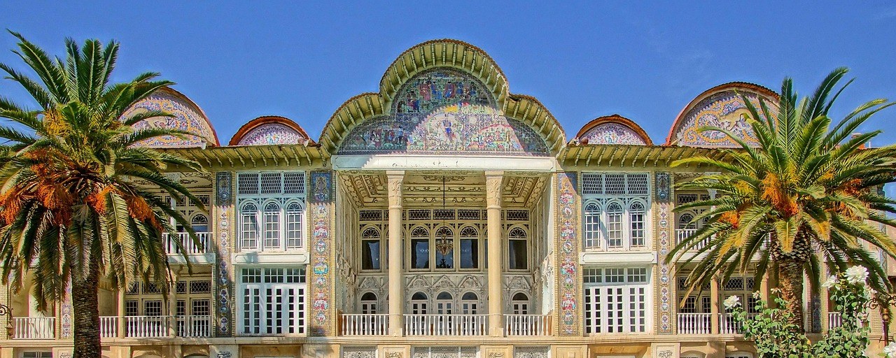 Ornate palace facade at Eram Garden in Shiraz, Iran
