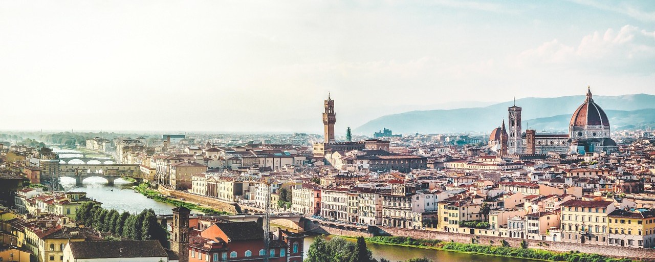 Florence skyline, cathedral and Arno River in Italy