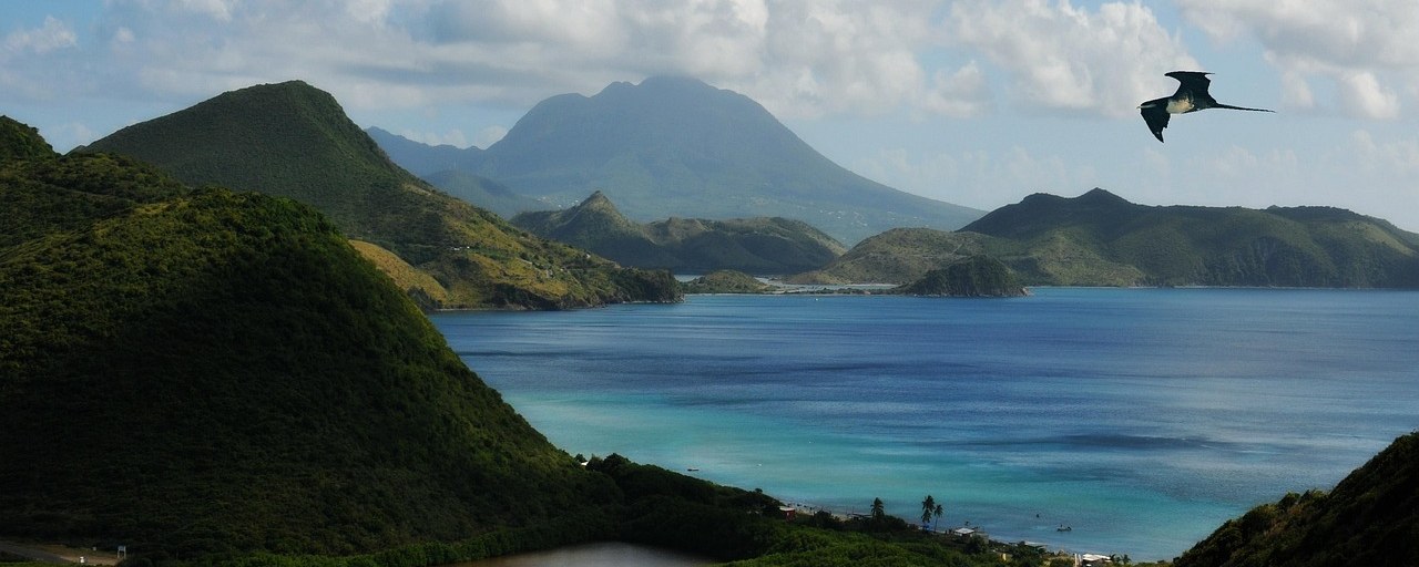 Coastal hills and blue sea on Saint Kitts, Saint Kitts and Nevis