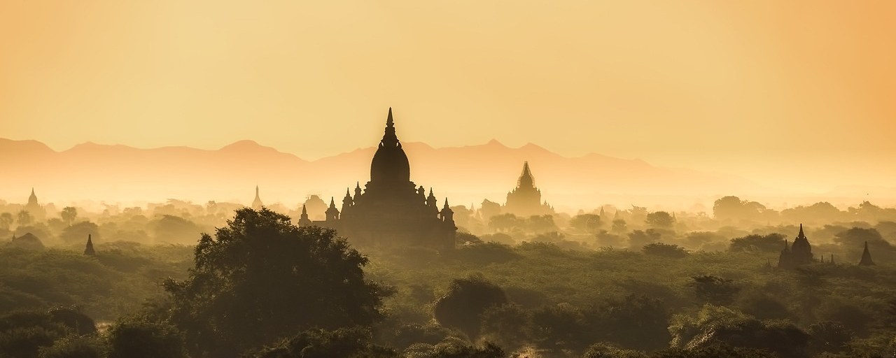 Bagan temples in golden morning mist, Myanmar
