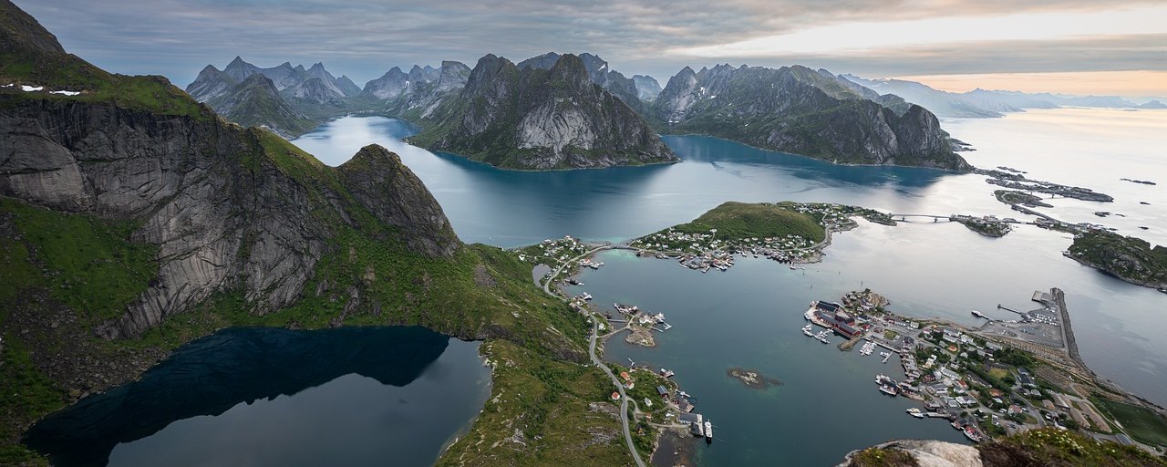 Lofoten islands and fjords viewed from Reinebringen, Norway