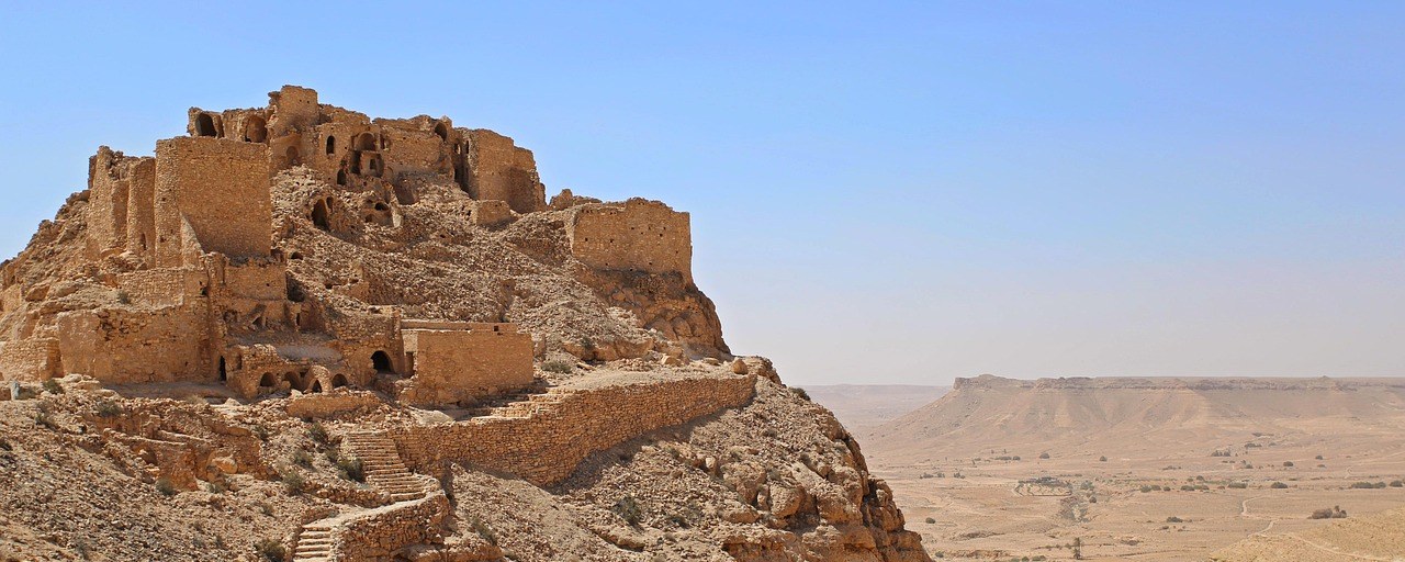 Historic hilltop ksar overlooking the desert in Tunisia