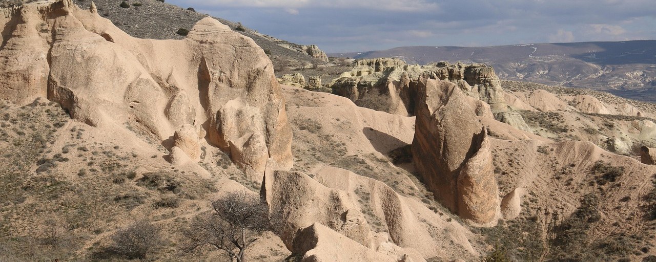 Eroded rock formations in Cappadocia, Türkiye